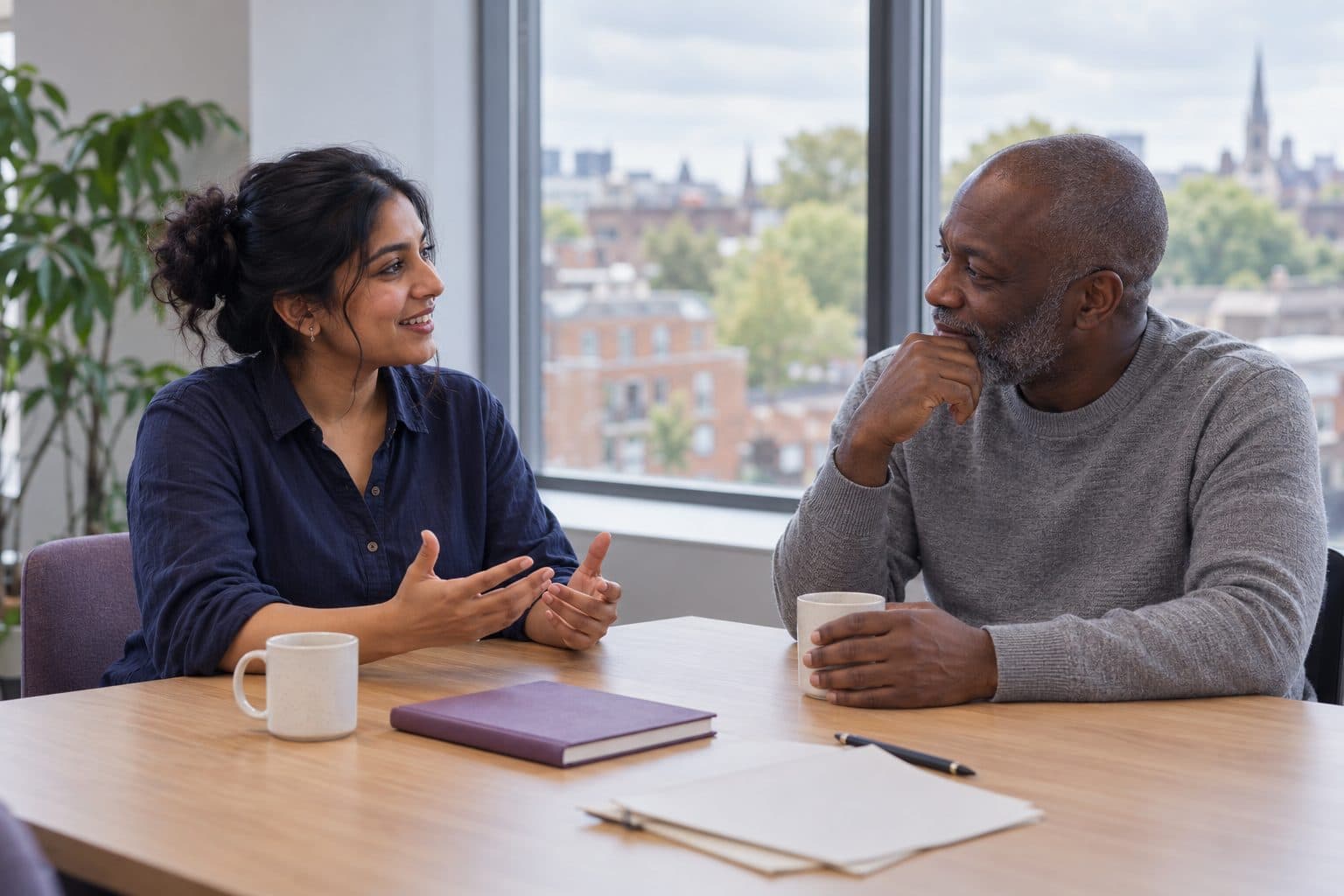 Founder in conversation with a funder across a table in a bright office