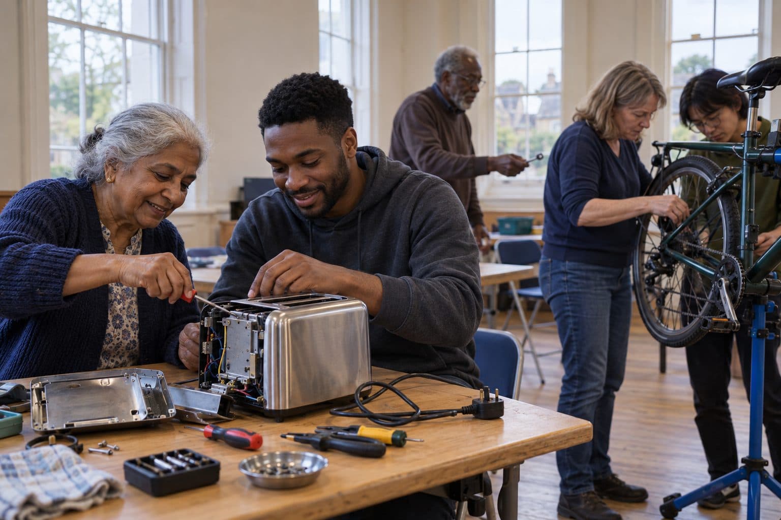 Volunteers running a community repair cafe in a hall