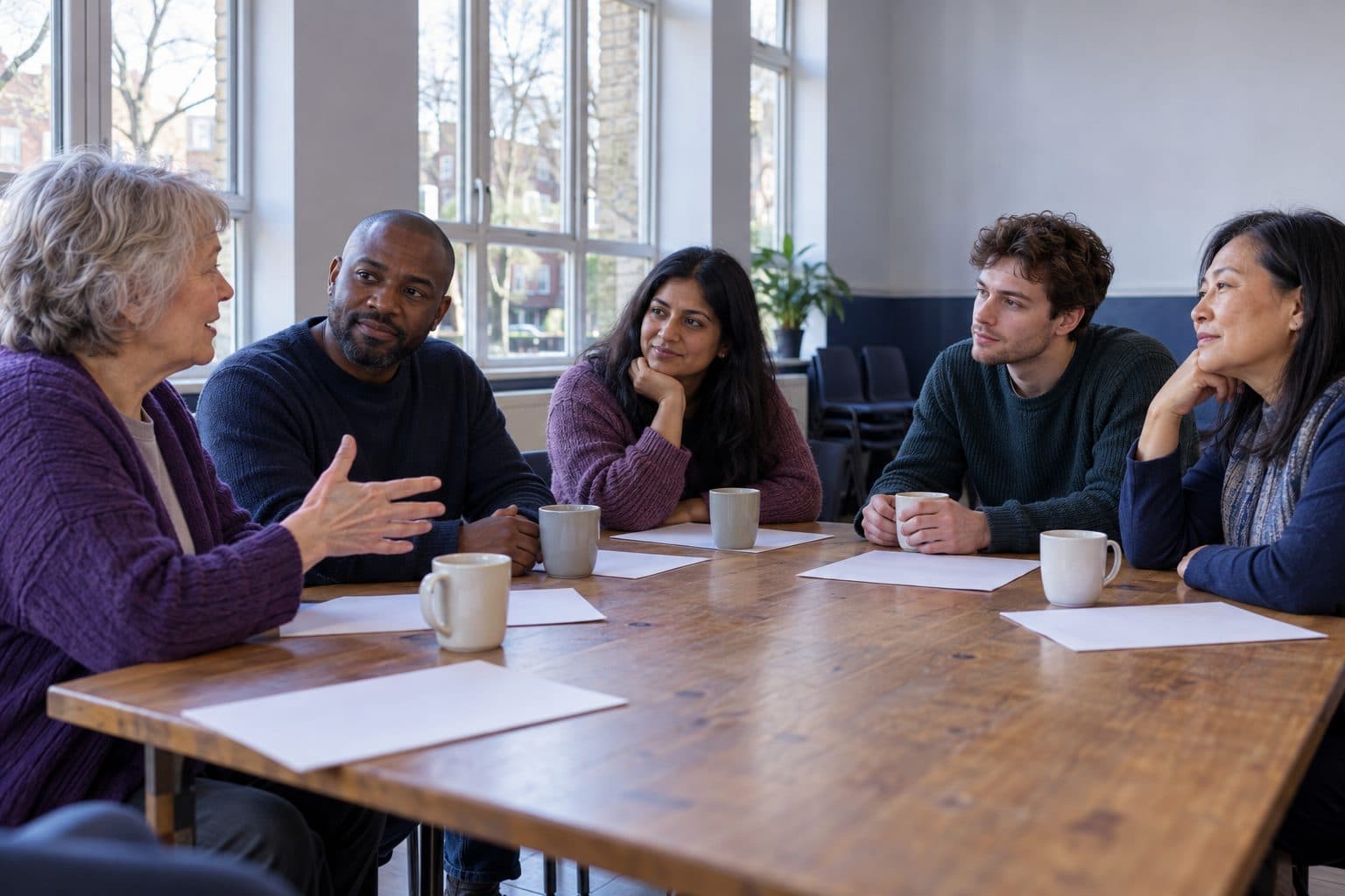 Five people holding a board meeting around a table in a community centre