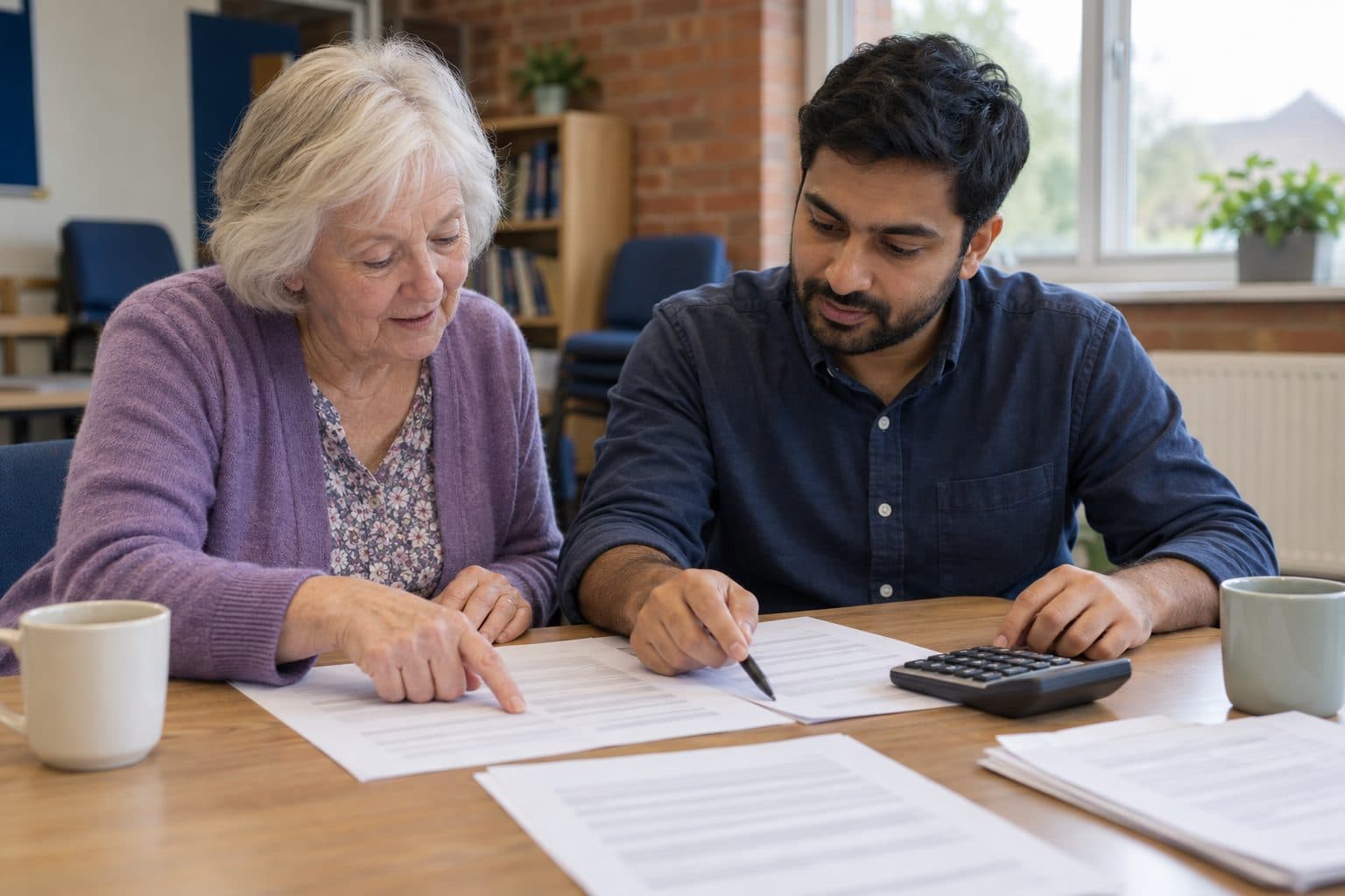 Two people going through accounts together at a table
