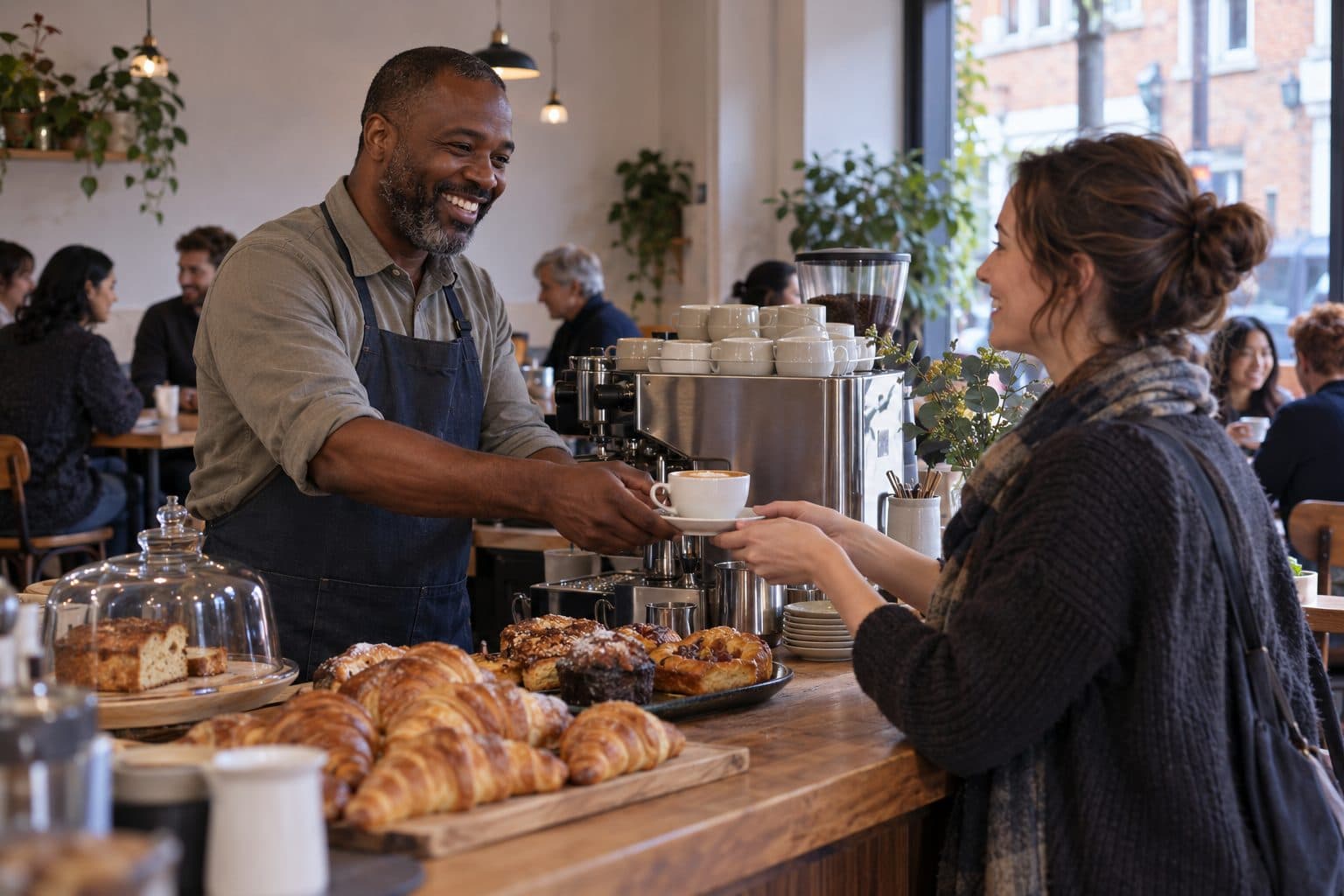 Cafe owner serving a customer at the counter of a neighbourhood cafe
