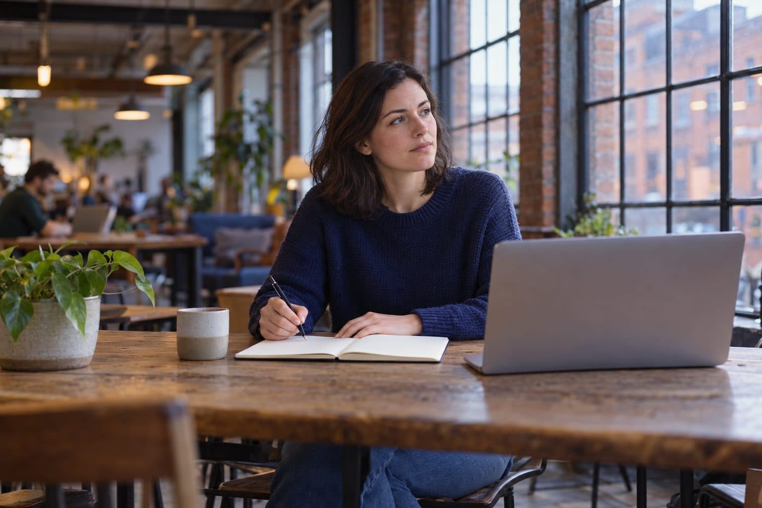 Person at a shared table weighing options with a notebook and laptop