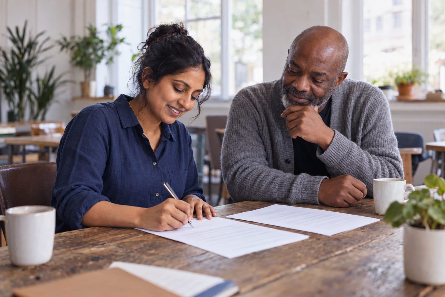 Two people reviewing printed documents together at a community hub table