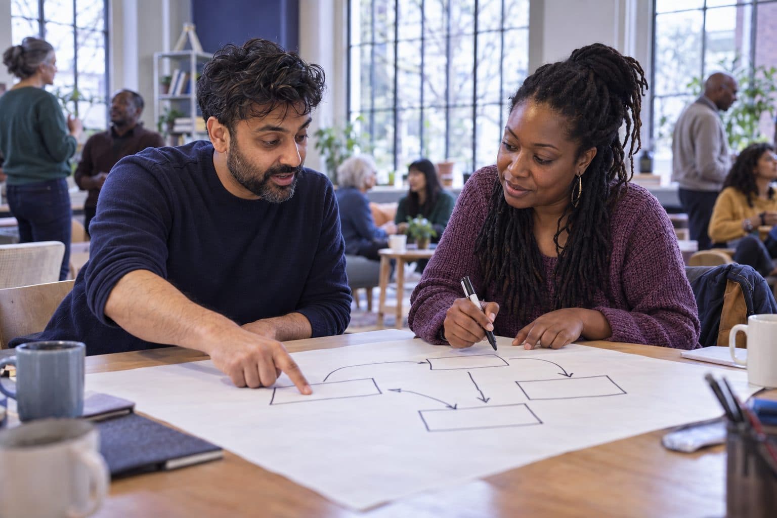 Two co-founders sketching ideas on a large sheet of paper